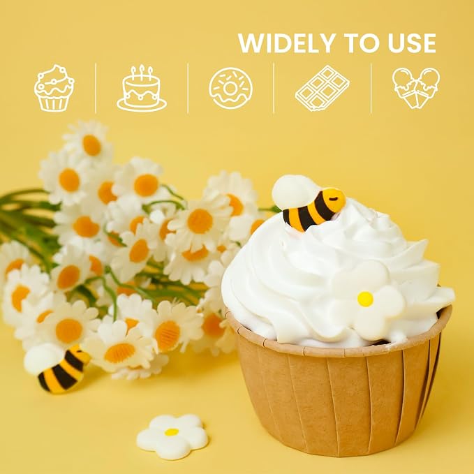 Edible FLower & Bee Cake Decorations, Royal Icing FLower for Cupcake Topper, Edible Bee Sprinkles Sugar for Cakes Cookies Chocolate Macarons Baking Spring Baby Shower Decoration, 39 pcs