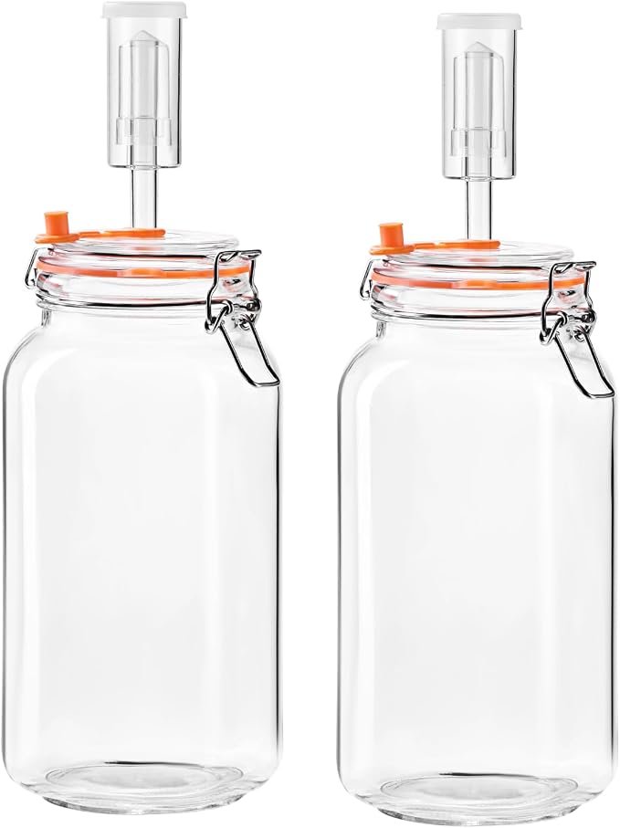 2L Fermentation Jar, Wide Mouth Glass Fermenting Kit wit Airlocks, 2-Pack | Fermentation Glass Jars With Self-Burping Airlocks for Sauerkraut, Kimchi, Pickles, Mead, Cider and Other Homemade Ferments