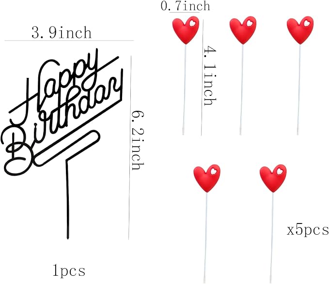 Happy Birthday Acrylic Cake Topper Birthday Party Decorations Cupcake Toppers Decorations Supplies (black red heart-shaped)