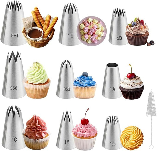 9PCS Large Piping Tips Set,Balanced variety Cake Decorating Tips with brush | for all skill levels baker,Traditional Standard Tips Baking Tools for making Cupcakes,cookies,Cake Decorating