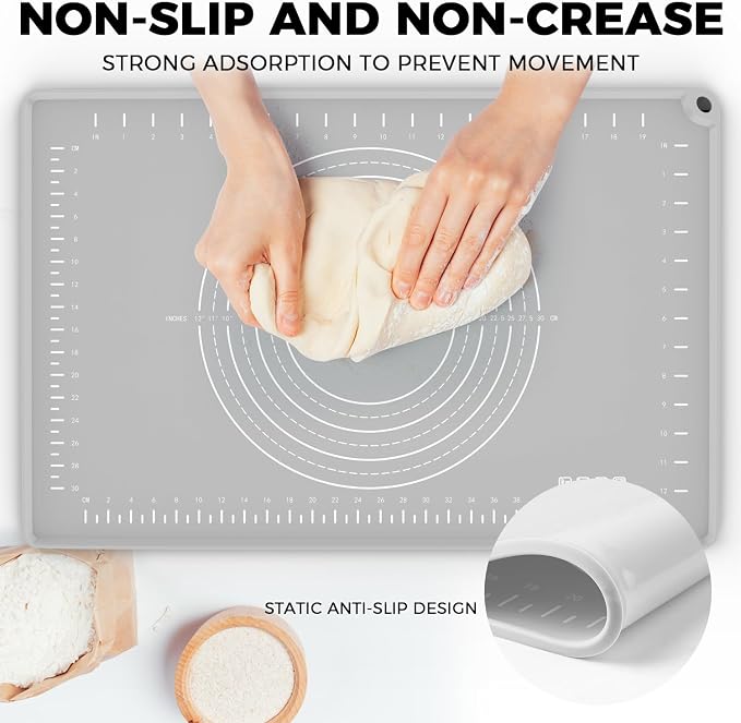 Silicone Baking Mat 28" x 20", Extra Thick Dough Rolling Mat with Measurements and Edge Heightening, Non-stick Food Grade Silicone Pastry Mat for for Pastry, Bread, Cookies, Pizza, Fondant, Pasta