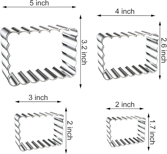 Rectangle Cookie Cutter Set with Scalloped Edge Assorted Sizes - 5 Inch, 4 Inch, 3 Inch, 2 Inch - Fluted Edge Plaque Frame Rectangluar Cookie Cutters Shapes Fondant Molds - Stainless Steel