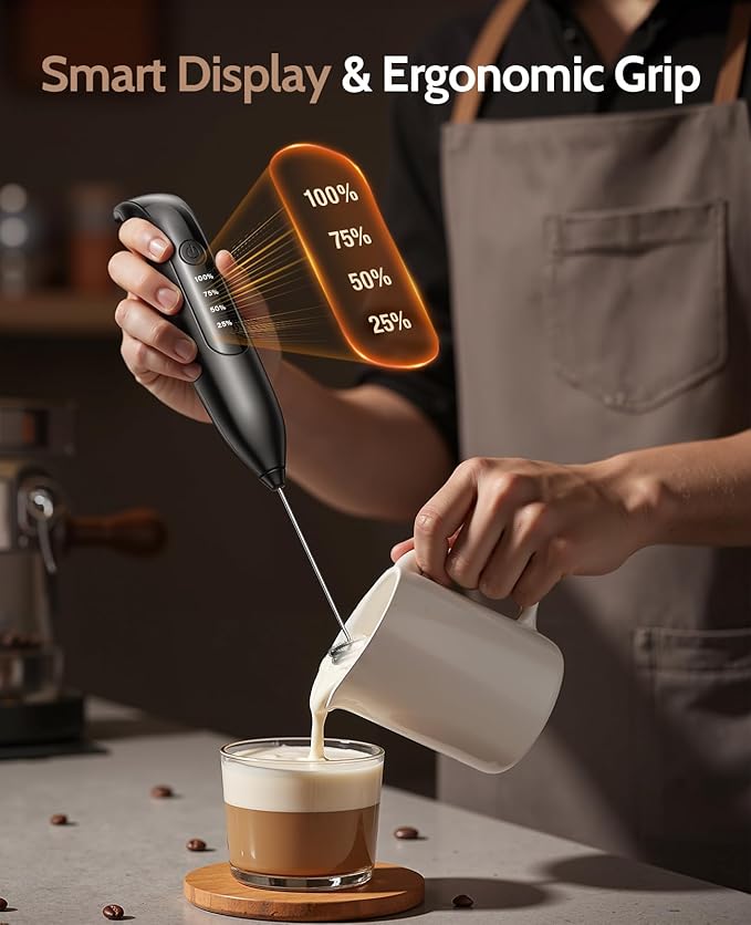 Electric Milk Frother Handheld: Rechargeable 3 Heads 3 Speeds Portable Stainless Steel Drink Foam Mixer with LED Digital Display for Milk Coffee, Lattes, Cappuccino, Matcha - Onyx Black