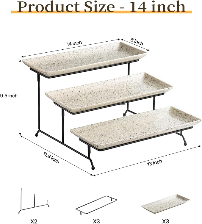 LAUCHUH 3 Tier Serving Trays for Party, 14 inch Porcelain Tiered Tray Stand Serving Platter with Collapsible Sturdier Rack Serving Dishes for Father's Day Entertaining, Speckled Glaze