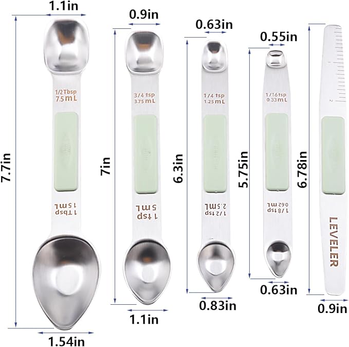 Stainless Steel Magnetic Measuring Spoons Set, Heavy Duty Metal Kitchen Gadgets for Baking & Cooking, Fits in Most Kitchen Spice Jars, Set of 4 with Leveler (Mint green)