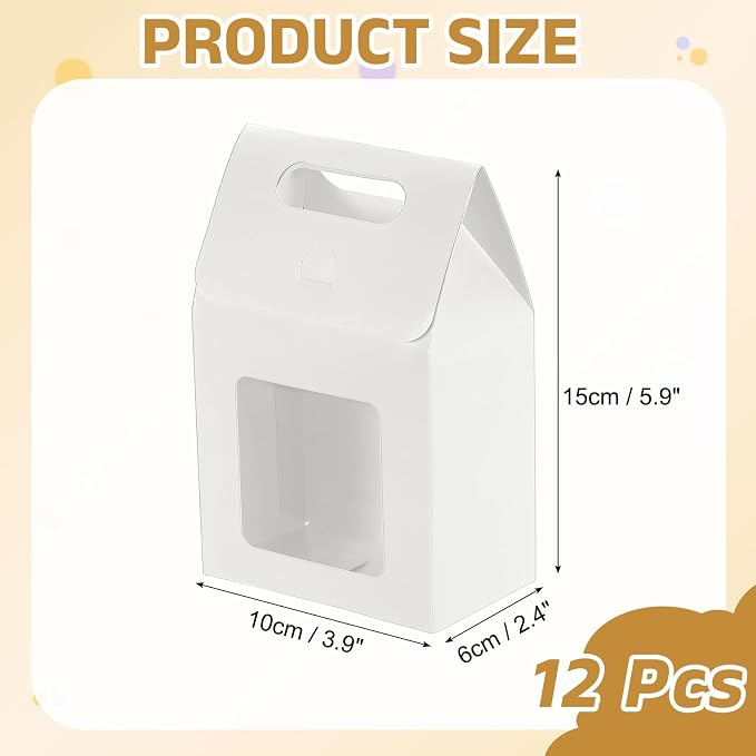 uxcell 12Pcs Gift Boxes, Favor Box with Clear Window and Handle, Stand Up Favor Treat Boxes for Candy, Cookies, Party Store, Packaging, Wedding, White