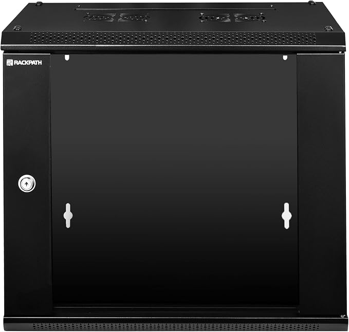 RackPath 9U Wall Mount Network Rack Cabinet – Quiet Cooling Fan, Locking Glass Door, 17.7" Deep (450mm), Removable Locking Side Panels, Fits 19" IT & A/V Equipment