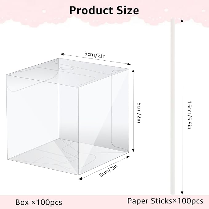 MGWOTH 100 Set Cake Pop Boxes with Paper Sticks Kit: Clear Gift Container with Holes for Candy, Macaron, Lollipop Packaging, Mini Plastic Cakepop Wrapping for Wedding Party Birthday Christmas