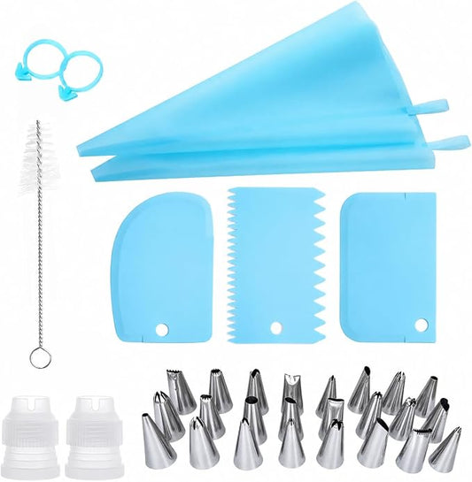 34 PCS Cake Decorating Supplies Kit, Reusable Piping Bags and Tips Set with 24 Stainless Steel Icing Tips, 3 Cake Scrapers, 2 Couplers, Ties and Cleaning Brush for Baking