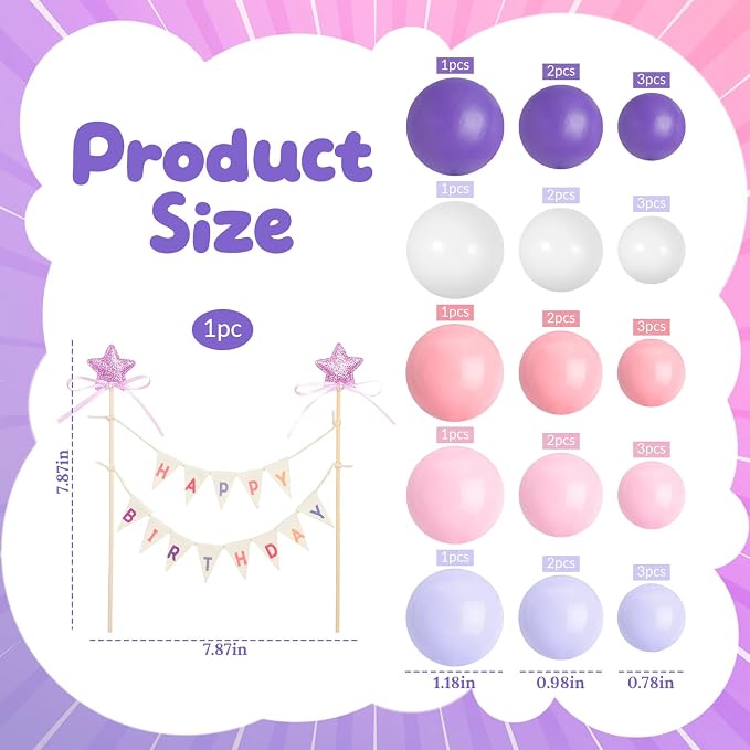 31 Pcs Happy Birthday Cake Topper Cake Bunting Topper Banner with Wood Pole Rainbow Garland with Bow Ribbon Balloon, Mini Cupcake Decor for Birthday Baby Shower (Purple,Pink,Blue)