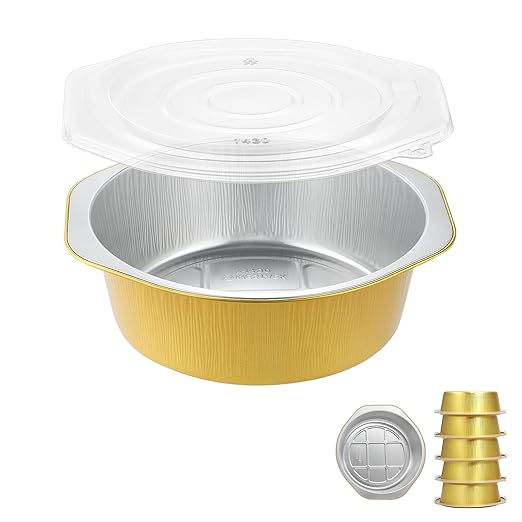 48oz Round Aluminum Foil Containers with Lids, 5 Pack | 7.7 Inch Round, Heavy Duty Foil, Ideal for Meal Prep, Pasta, Casseroles and Food Storage