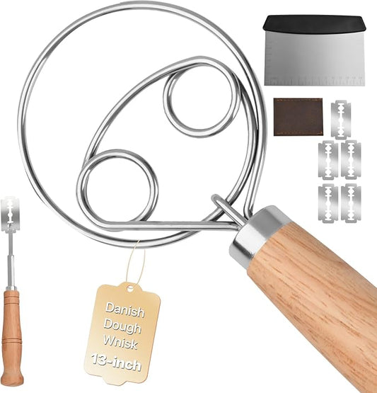 Sourdough Tool Kit, Danish Dough Whisk, Scraper, Lame with Scoring Blades, Wooden Bread Whisk with Metal Hook, Dutch Whisk Stirrer & Wisk Mixer, Baking Set for Making Mixing Whisking Sour Dough.