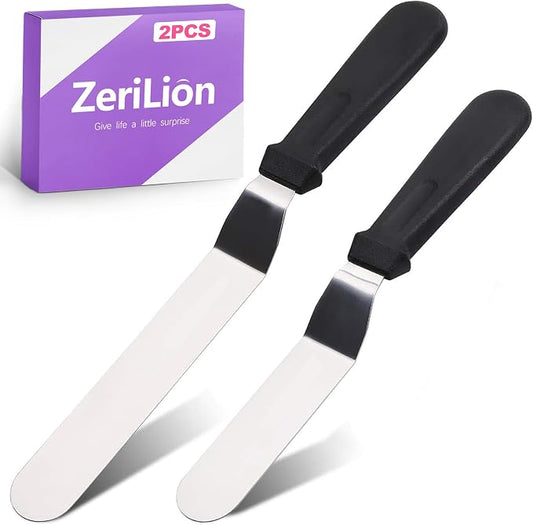 2 Pcs Offset Icing Spatula Set 6 and 8 Inch Angled Stainless Steel Cake Frosting Spatulas for Baking and Decorating Cake Smoother and Scraper Tools
