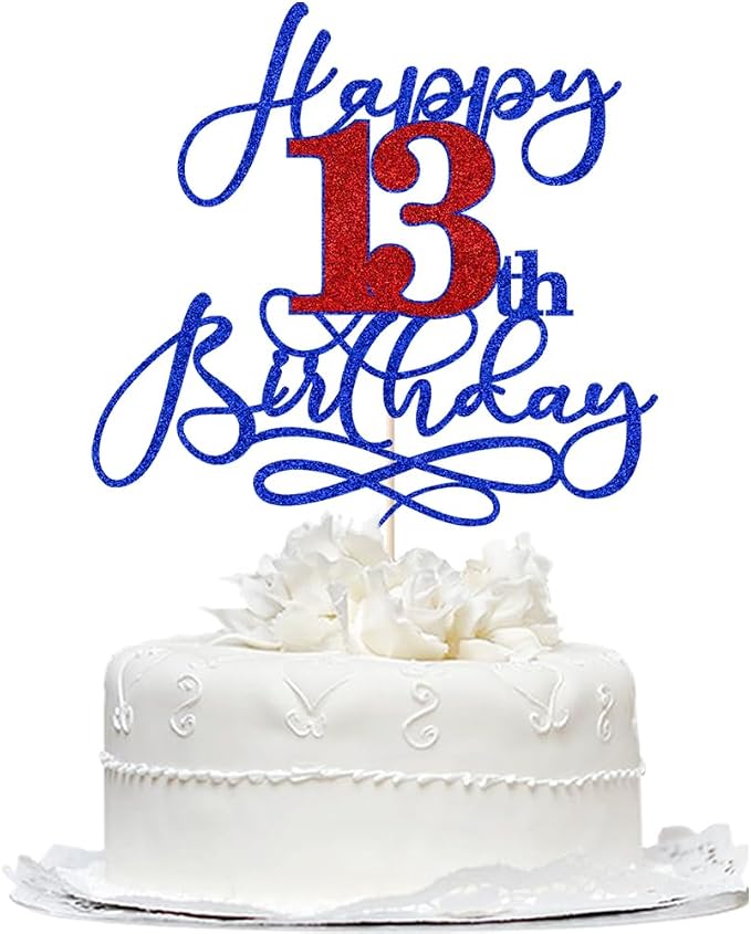 Happy 13th Birthday Cake Topper,Deep blue font red Numbers 13th Birthday Cake Decoration,Hello 13, Cheers to 13 Years/13th Anniversary,13& Fabulous Party Decoration