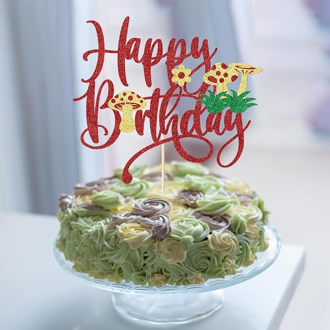 Mushroom Cake Topper- Glitter Mushroom Birthday Cake Toppers,Mushrooms and flowers in spring,Baby Shower Boy Girl Birthday Party Decoration Supplies