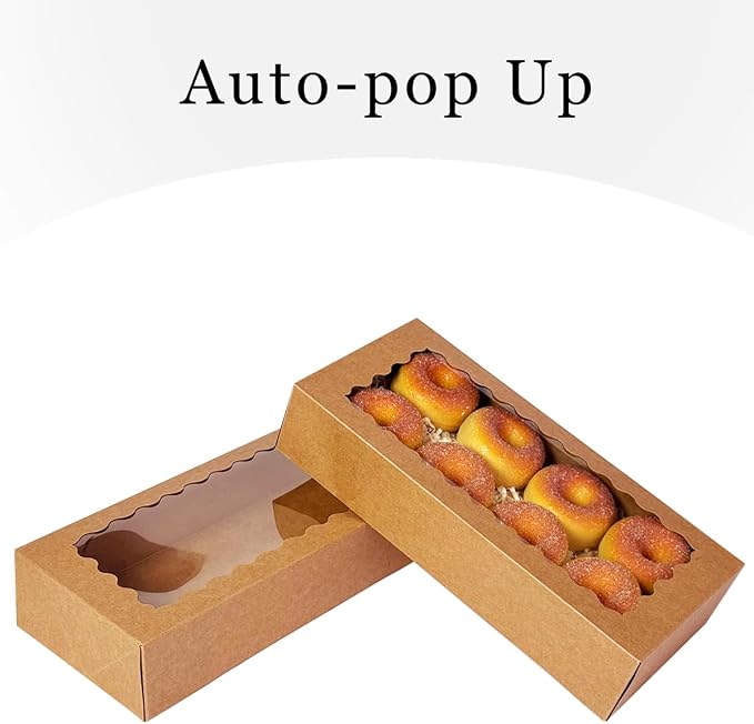 qiqee Auto-pop up 12x5.5x2.5 Inch Brown Cookie Box with Window 30Pcs Pastry Macaron Bakery Box For Packaging