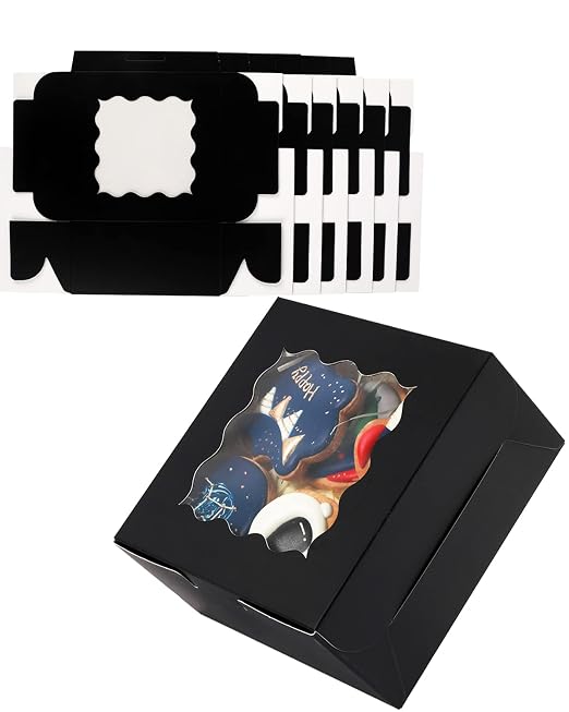 qiqee Black Cookie Boxes with Window 100packs 6x6x3 Black Bakery Box Pastry Box for Wedding Favor Birthday ＆ Party