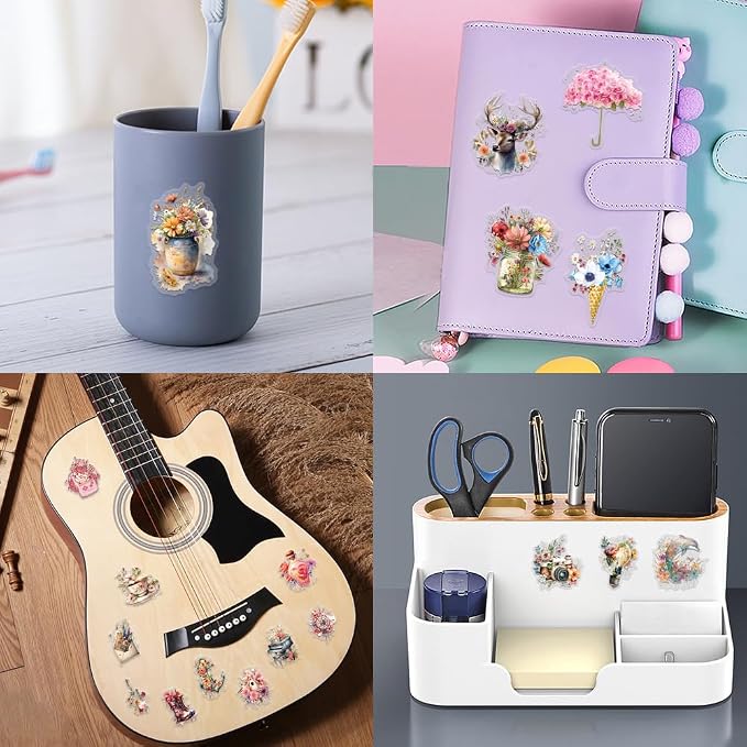 50Pcs Vintage Vogue Watercolor Floral Animal Stickers,PET Transparent Waterproof Girlish Style Sticker Decorative, for Journaling, Decoupage,Planners,laptops,Phone Case,DIY Gift Card Making(Floral)