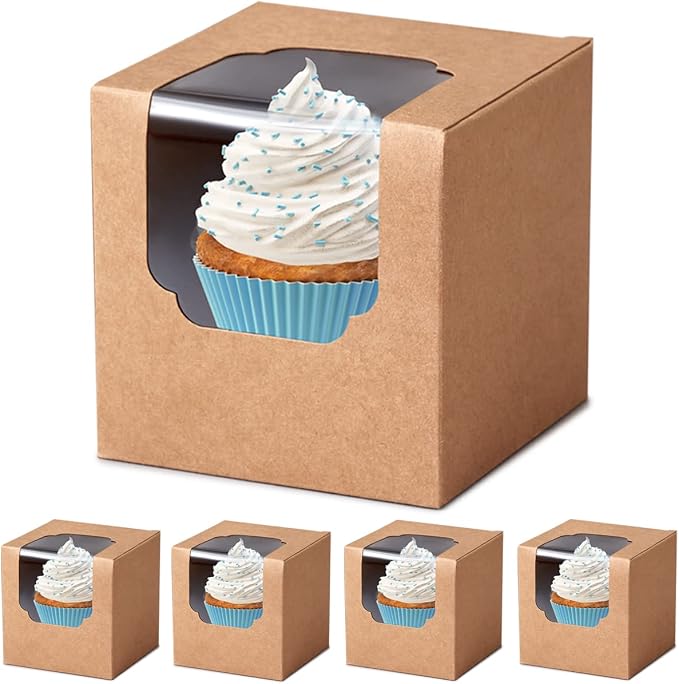 Kraft Cupcake Boxes Individual 60 Pcs with Inserts, Cocoa Bomb Packaing Single Brown Cupcake Containers Paper 3.5" Holders for Cookies, Pastries,Wedding Baby Shower Birthday Graduation