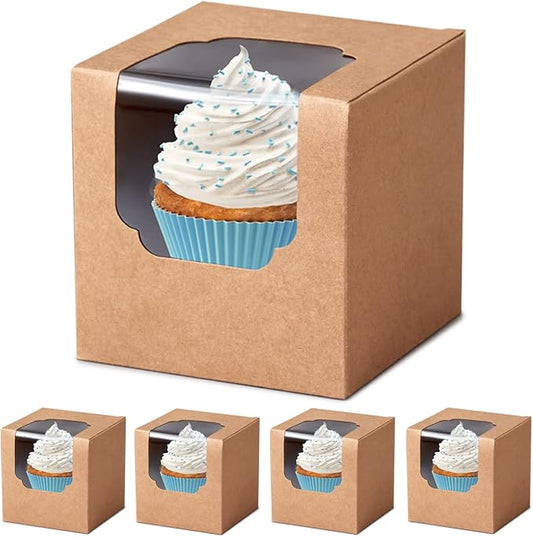 100 Pcs Kraft Brown Cupcake Boxes Individual Bulk Paper Cupcake Containers Single with Insert and Window, Pop up Cookie Boxes and Cocoa Bombs Boxes Packaging for Bakery Gift Giving