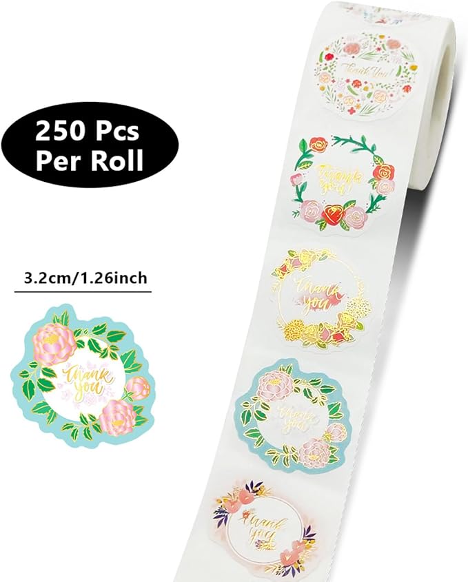 250Pcs Gold Floral Thank You Stickers, Cute 6 Styles 1 Inch Thank You Labels Self-Adhesive Envelope Seals Sticker for Packaging, Small Business, Wedding, Party (Gold Floral)