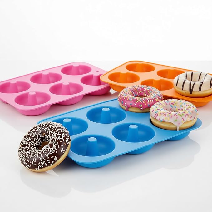 Silicone Donut Mold, 6 Cavity Non-Stick Doughnut Baking Pan – Food-Grade BPA-Free Flexible Silicone, Pops Out Easily, Oven Microwave Freezer & Dishwasher Safe (Donuts (3PK))