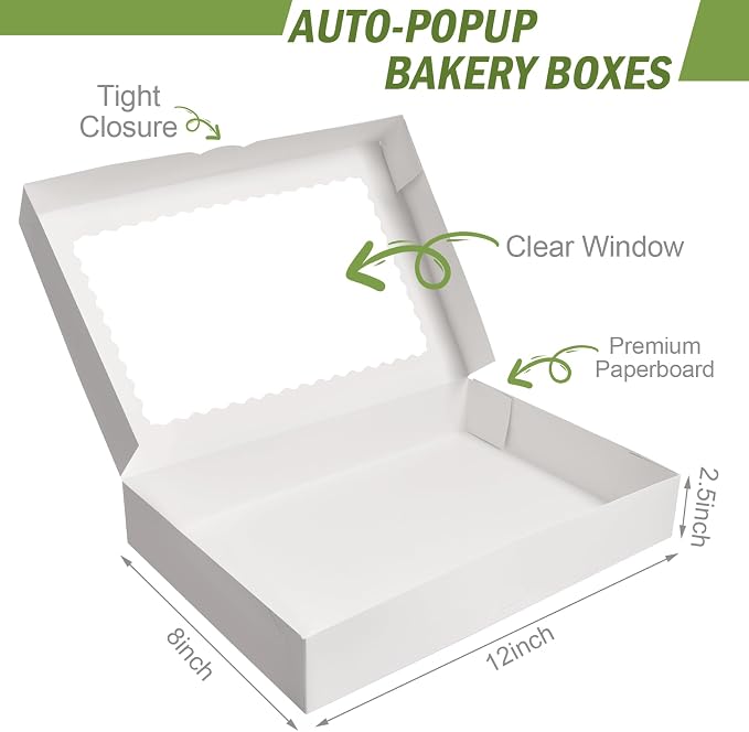 Rarapop 12 Pack Large Cookie Boxes with Window, 16x11x2.5 Inches Auto-Popup Bakery Boxes Treat Boxes for Pastries, Donuts, Pies, Muffins