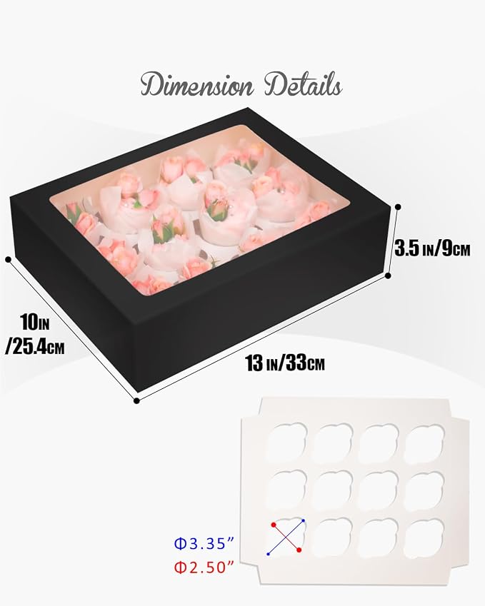 Bakepacker Auto-pop Up Cupcake Boxes with Window Black 40PCS 12 Count Cupcake Box 13"x10"x3.5" Cupcakes Carrier, 12 Cupcake Containers with 2 rolls of pink ribbons