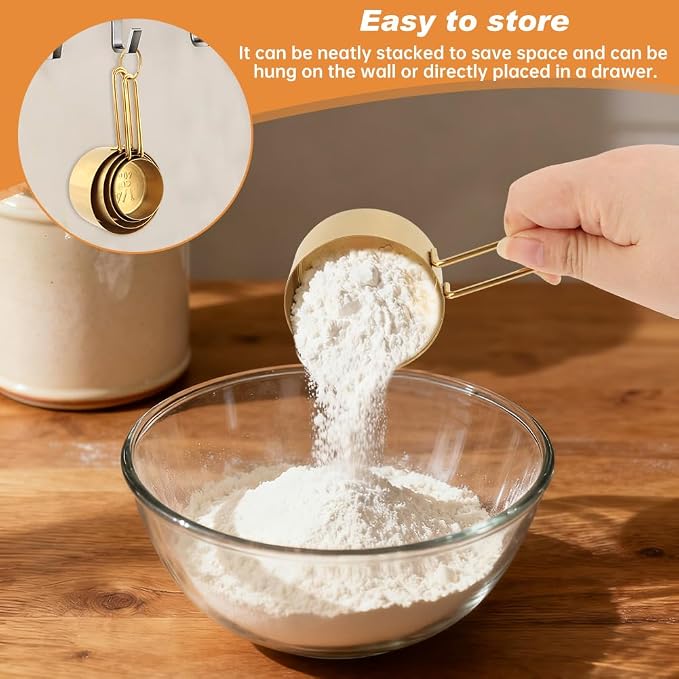 Gold Measuring Cups and Spoons Set, 13-Piece Stainless Steel, 4 Nesting Cups + 8 Double-Sided Measuring Spoons + Leveler, Engraved Sizes, Gold Finish for Cooking and Baking