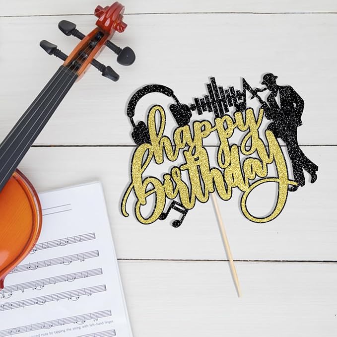 Saxophone Happy Birthday Cake Topper-Black Gold Glitter Saxophone Music headphones Cake Decorations,Music Lover Theme Birthday Party Supplies