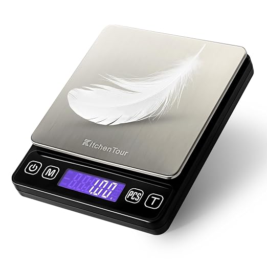 KitchenTour Mini Gram Scale for Coffee, Jewelry and Small Items, 500g x 0.01g Digital Pocket Scale with Tare, 6 Units, Back-Lit LCD, 2 Trays, Black