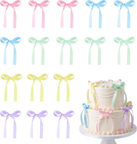 30 PCS Pastel Bows for Cake Ribbon Bow Cake Topper Rainbow Bow Cupcake Toppers for Baby Shower Bridal Weddings Birthday Party Bachelorette Balloon Wall Decorations