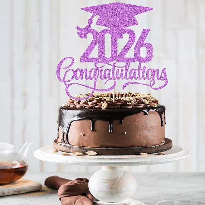 Glitter 2026 Congratulations Graduation Cake Topper,Congrats Grad Cake Decor - 2026 High School/College/Senior Graduation Party Decorations Supplies (2026Congratulations purple)