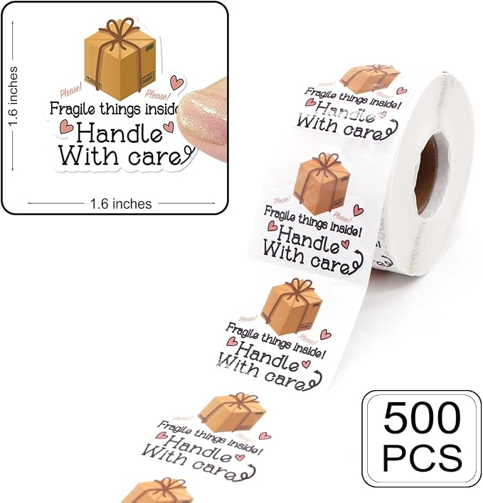 Handle with Care Fragile Stickers for Shipping, Shipping Boxes Fragile Things Inside Stickers, Packaging for Small Business Sticker, 1.6" L x 1.6" H 500PCS