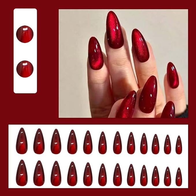 24Pcs Pink Press on Nails Short Almond ZWENJIE Cat Eye Fake Nails Press ons Nail Tips Stick on Nails Glossy Acrylic Nails Kit French False Nails with Glitter Heart Design Nail Art for Women Manicure