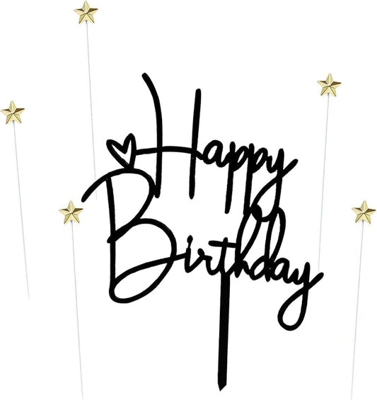 Happy Birthday Cake Topper Birthday Cake Decoration Party Cake Supplies (Golden stars black cake topper)
