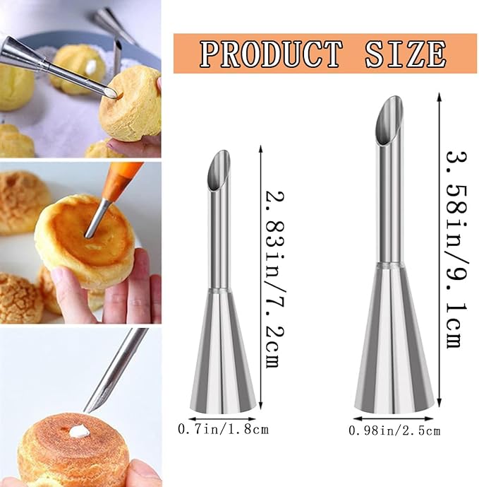 12 PCS Cream Icing Piping Nozzle Tip Stainless Steel Long Cream Puff Piping Tips Cake Decorating Tools Multipurpose Pastry Piping for Small Pastries Puffs Cupcakes Filling Donuts Other Pastries