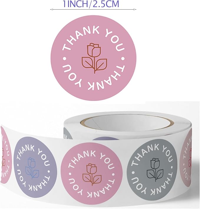 500PCS Thank You Stickers, 1Inch Small Thank You Sticker for Small Business Packaging Roll 8 Colorful Round Labels Stickers for Baking Envelope Seals Gift Wrap Birthday Party Favors (Purple Rose)
