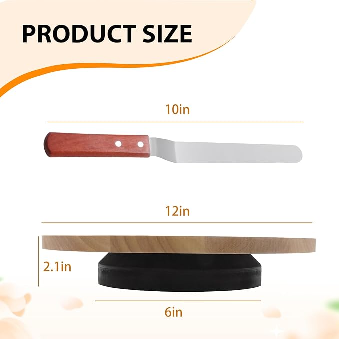 12 Inch Acacia Wood Revolving Cake Stand with 5 Baking Tools, 360° Rotating Turntable for Cake Decorating, Includes 2 Spatulas + 3 Smoothers for Cakes Cupcakes Decorations, Birthday & Wedding