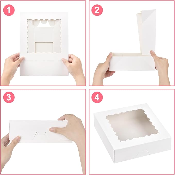 Kucoele Pie Boxes, 8 x 8 x 2.5 Inches, 20 PCS, White | Auto-Popup, with Window, Bakery Boxes, Cookie Boxes, Treat Boxes, For Chocolate Strawberries, Pastries, Muffins, Donuts