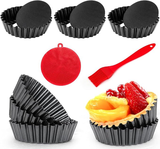 8 Pack Mini Tart Pans 4 Inch with Removable Bottom Round Nonstick Quiche Pan, 1.2 Inch Deep Mini Pie Pans with Oil Brush&Silicone Scrubber Heavy Duty for Baking Fruit Tarts, Dessert