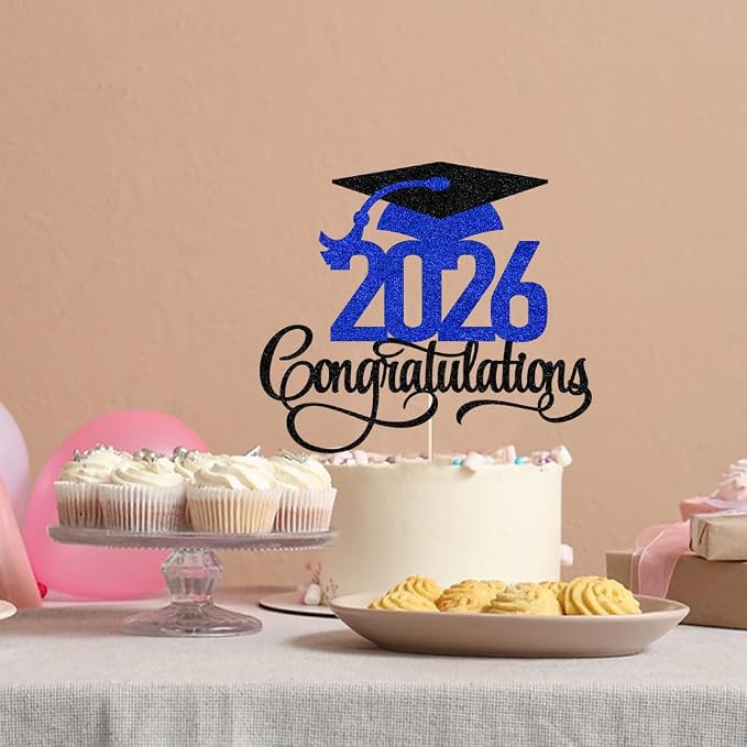 Black Dark blue Glitter 2026 Congratulations Graduation Cake Topper,Congrats Grad Cake Decor - 2026 High School/College/Senior Graduation Party Decorations Supplies