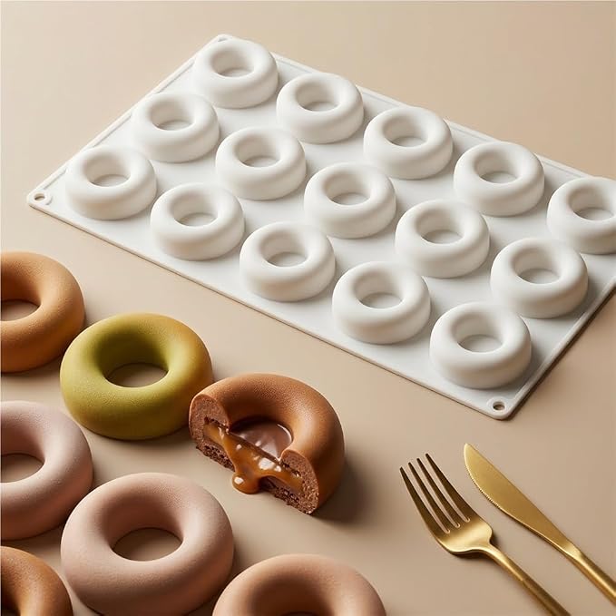 15 Cavity Mini Donut Ring Silicone Mousse Cake Mold, Round Hollow Circle Baking Mold, Non-Stick Food Grade Silicone Tray for Chocolate, Mousse, Ice Cream, Pudding, Dessert Pastry(Black)