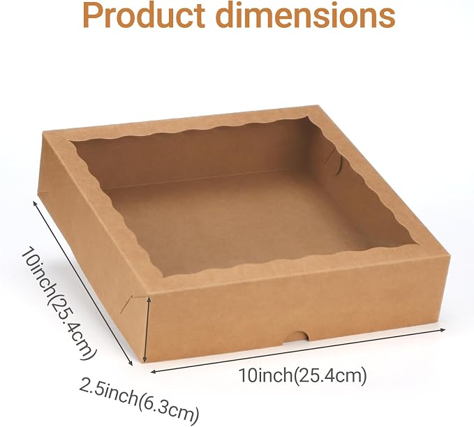 TEMLQPACK 12pcs 10x10x2.5 Inches Brown Bakery Boxes with Window, Pie, Cookies, Chocolate Covered Strawberries, Breakable Heart, Charcuterie Boxes for Christmas