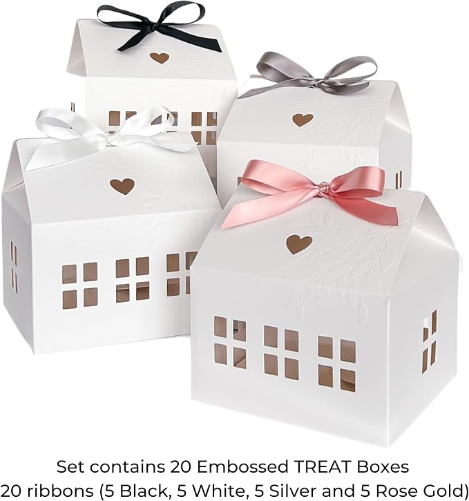 20 Pcs Classic House Shaped Gift Boxes with Neutral Ribbons for Treats, Desserts, Fancy Cookie, White Gable Bakery Packaging