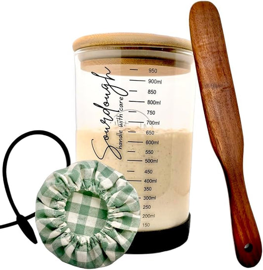 Sourdough Starter Kit - Sourdough Kit Includes Wooden Spurtle, Wide Mouth Jar w/ Bamboo Lid & More - Non-Slip Silicone Base Sourdough Bread Baking Supplies - Bread Making Kit for Beginners & Pros