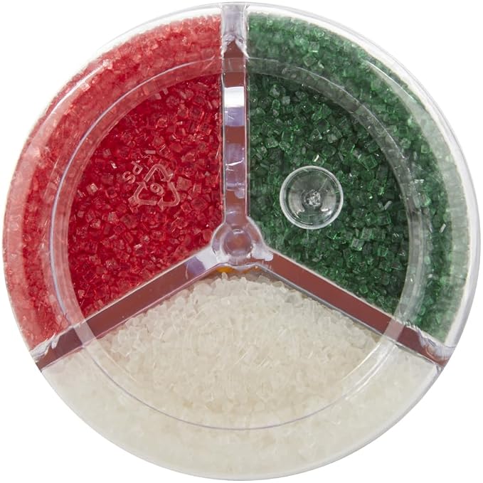 Holiday Sanding Sugar 3-Cell Bottle - Red, Green & White Christmas Decorating Sugar Crystals – 9.7oz Sparkling Baking Sprinkles for Cookies, Cupcakes, Gingerbread, Cakes & Holiday Treats