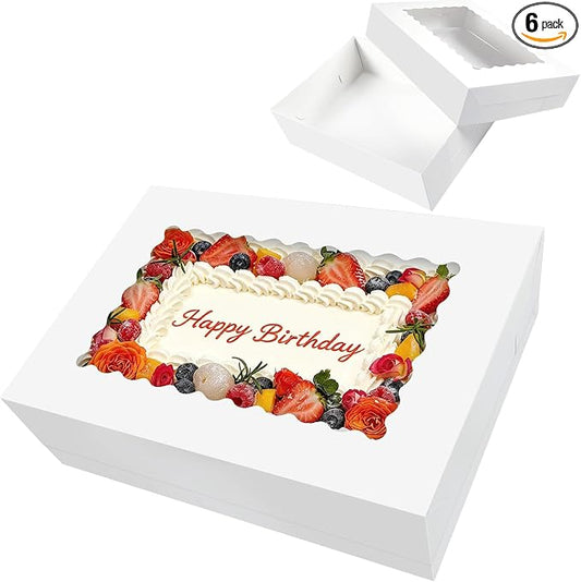 6 Pack White 1/4 Sheet Cake Boxes with Window, 14x10x4 Inch Food-Grade Quarter Sheet Bakery Boxes for Cupcakes, Cookies, Donuts, Pies, Strawberry Chocolates & Party Treats