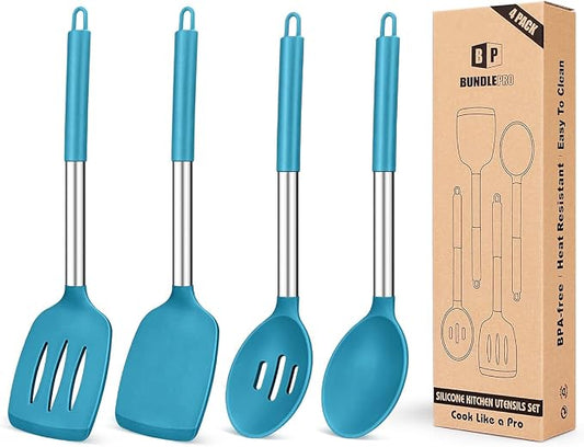 Pack of 4 Silicone Cooking Utensils Set, Non Stick Large Solid Spatulas, Heat Resistant Blue Slotted Spoons, Ideal BPA Free Kitchen Turners for Frying, Mixing,Serving,Draining,Turning,Stirring