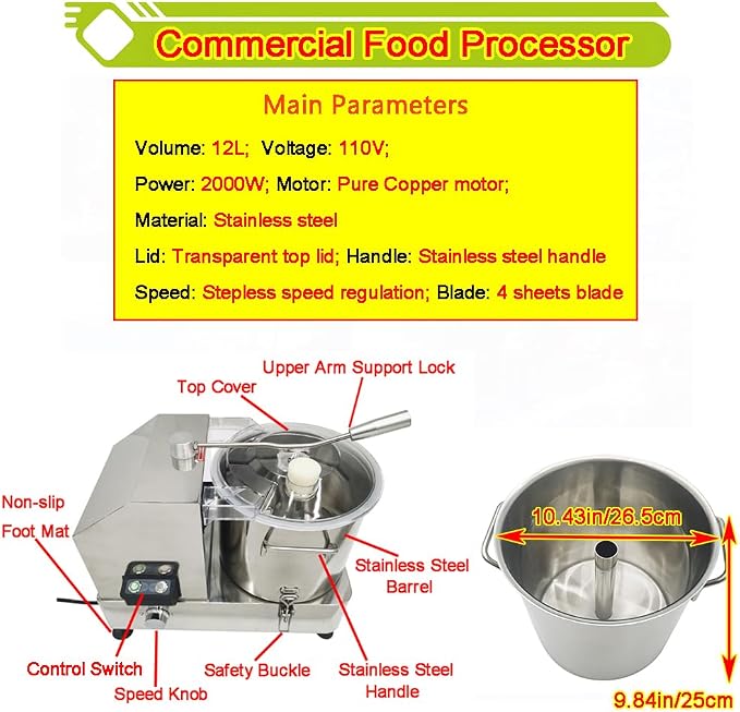 12L Commercial Food Processor Stainless Steel Electric Meat Vegetable Chopper Multifunctional Food Cutter Meat Grinder Meatball Beater 2000W Blender for Fruit Vegetable Grains Garlic